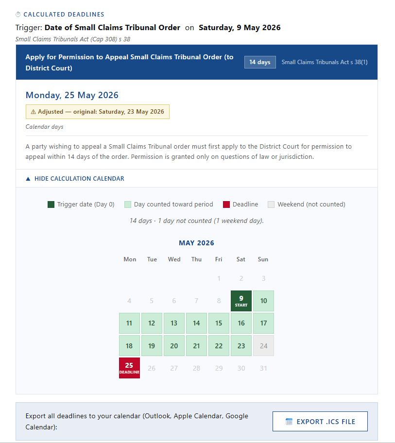 Singapore Procedural Deadline Calculator