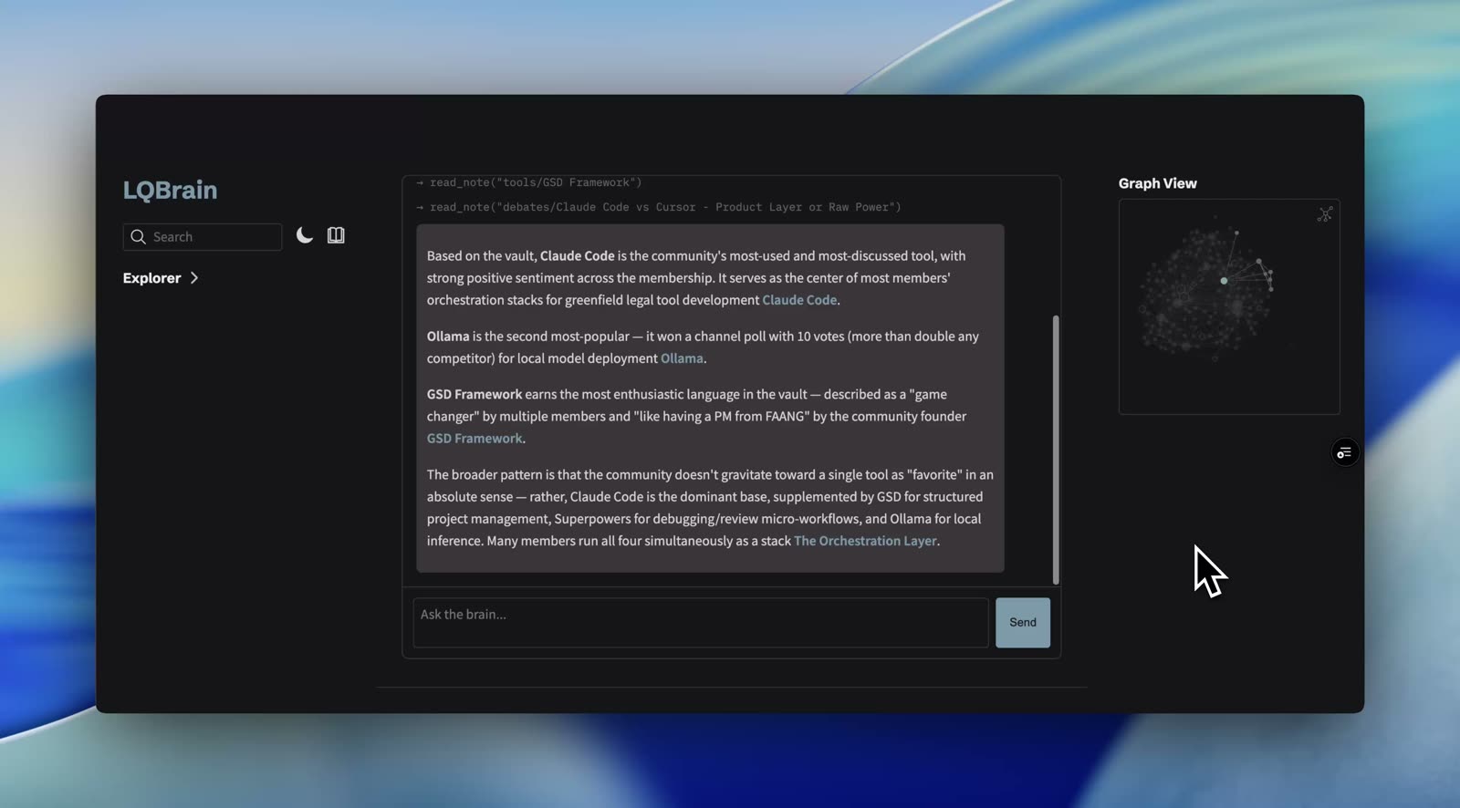 LQBrain answering a question about the community's most-used tools, with the Graph View panel on the right showing the notes it read